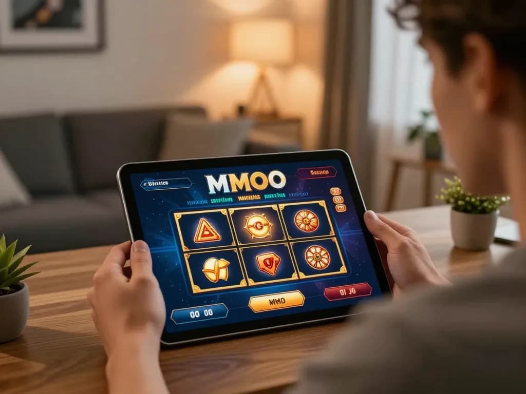 Player enjoying engaging slot games on MMOO casino app during a relaxed evening