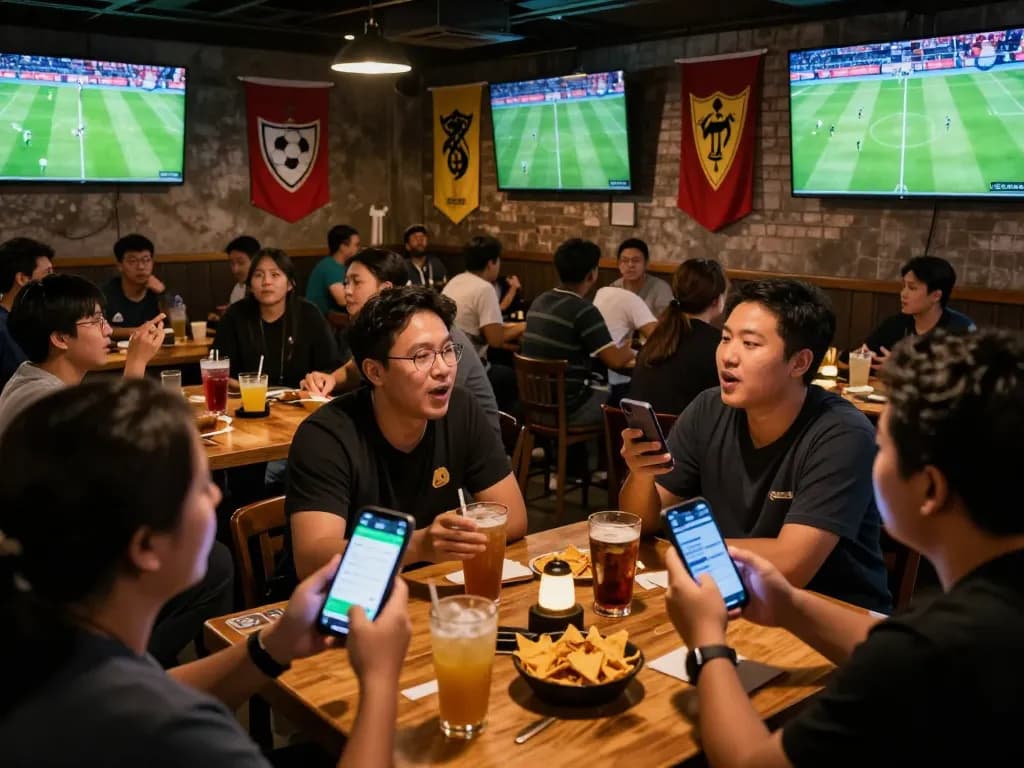 Fans engaging in sports betting during a football match at a vibrant bar for 7meter Judi Bola.