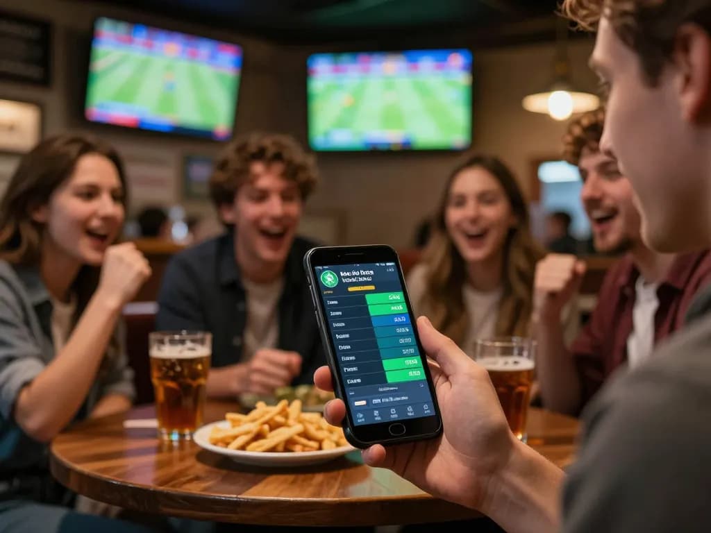 Engaging sports betting scene showing live kèo bóng đá odds on a smartphone in a vibrant sports bar environment.