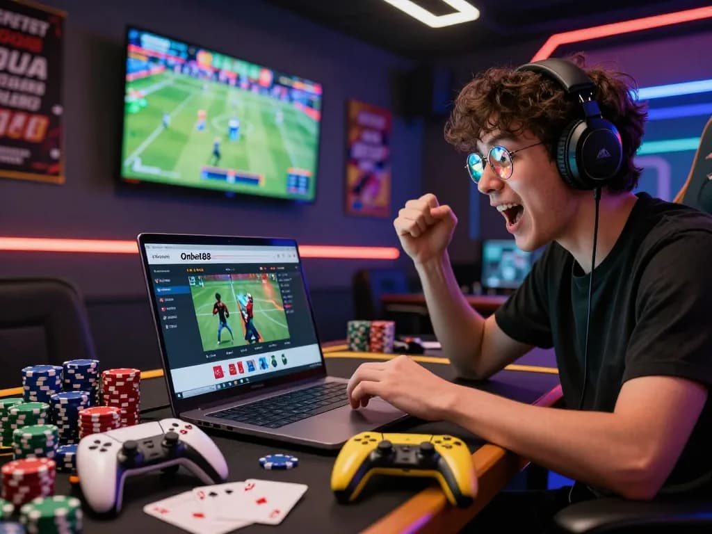 Player enjoying Onbet88 online gaming experience surrounded by vibrant betting elements.