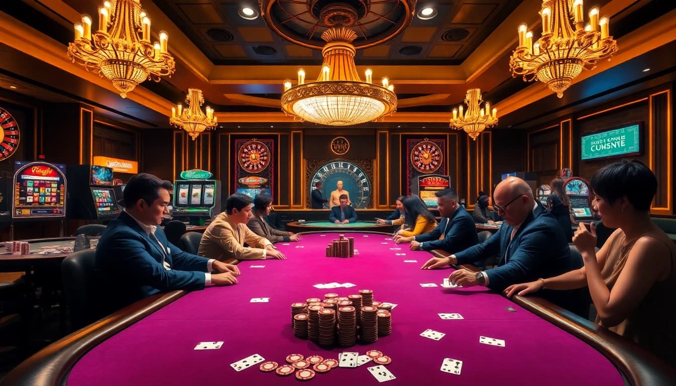 Poker players at an upscale casino showcase thrilling cucu777 experiences with vibrant chips and cards.