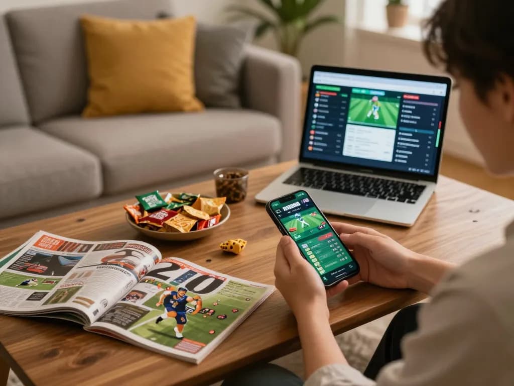 Engaging in sports betting tại tr88 on a smartphone while surrounded by snacks and strategy guides