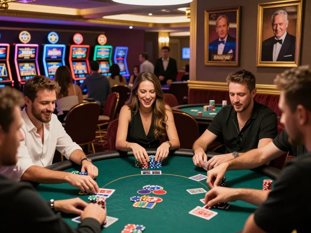 Group of friends enjoying a lively sultan88 poker game in a vibrant casino with colorful chips and excited expressions.