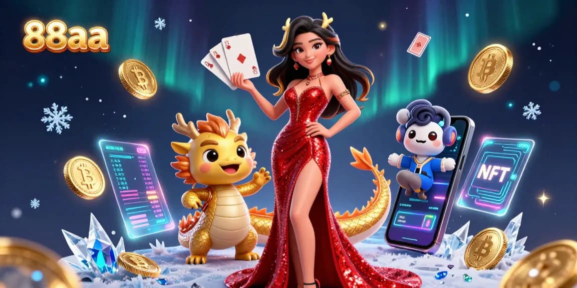 Experience dynamic gameplay at 88aa with an elegant figure amid floating cards and crypto symbols.