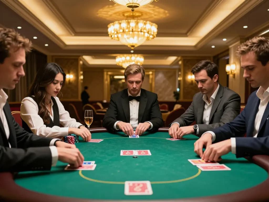 High-stakes poker game in exclusive setting at n188vip casino, showcasing intense player focus and luxurious decor.