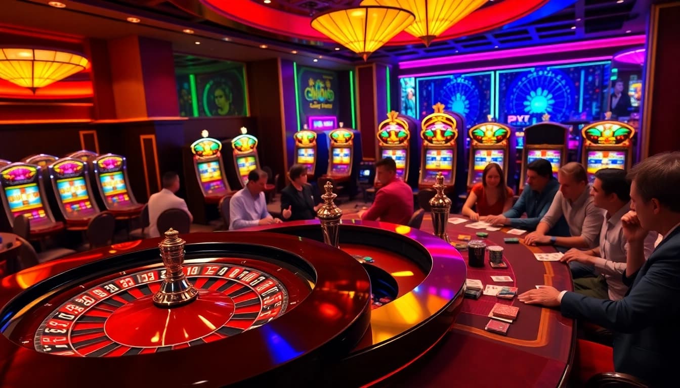 Experience the thrill of PXJ-themed gaming at a luxurious casino with vibrant roulette and slot machines.