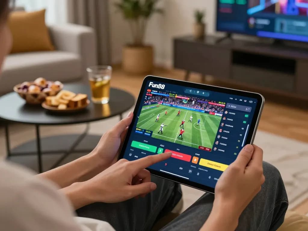 Fun88 user engaging in live sports betting on a tablet in a cozy home setting
