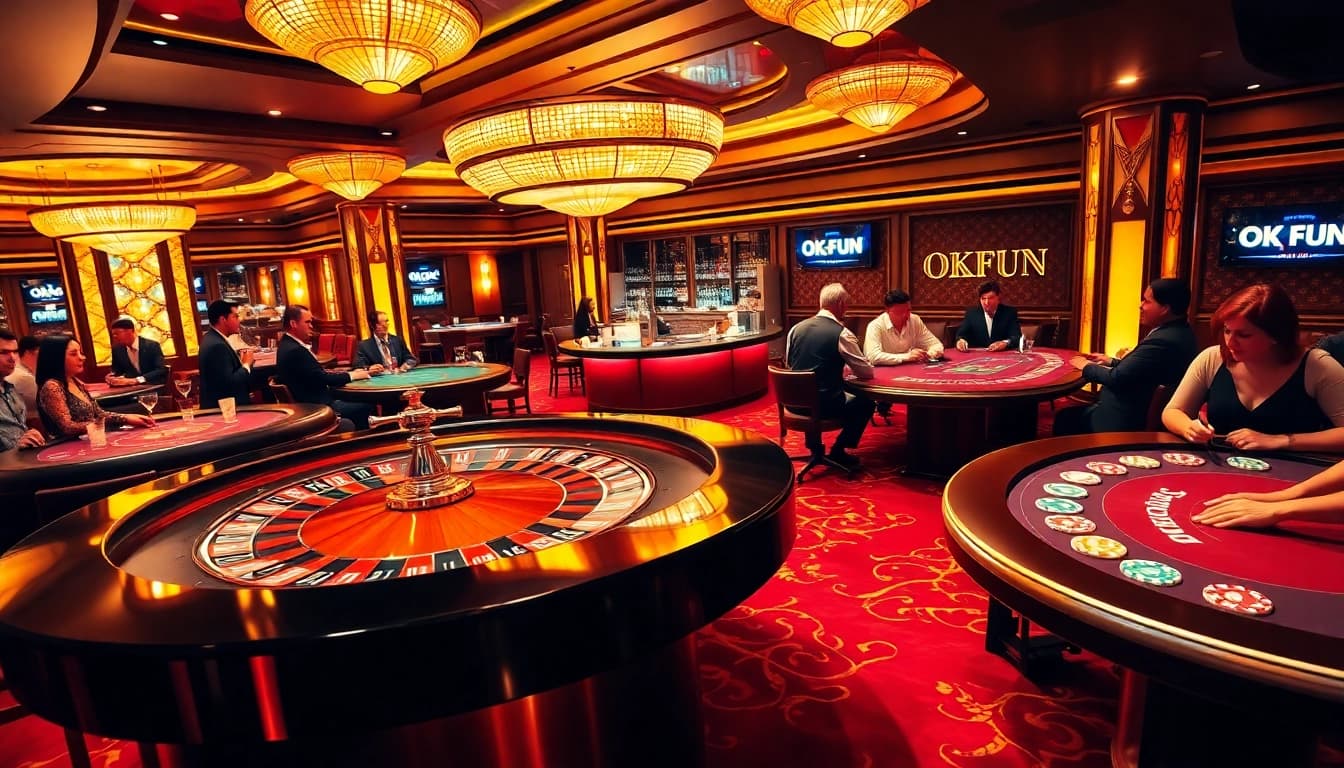 Players enjoying their time on the vibrant OKFUN casino floor, engaging at roulette and blackjack tables.