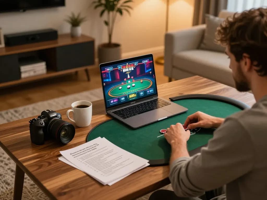 Player enjoying poker on 32win platform with strategic notes and coffee, highlighting engaging home gaming.