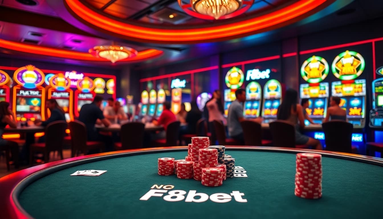 Players enjoying F8bet casino experience at a vibrant poker table with colorful slot machines.