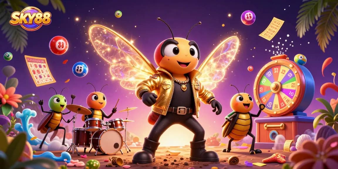 SKY88's vibrant 3D illustration of a rock star cicada amidst a dynamic casino scene filled with lottery action.