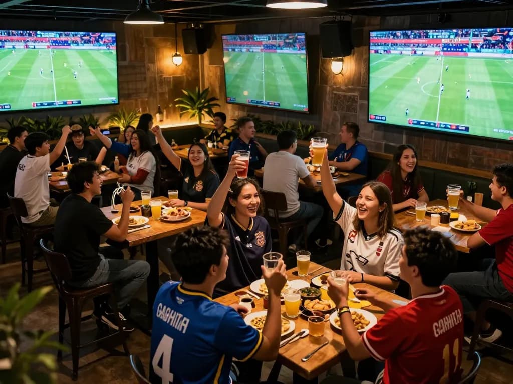 Cakhiatv sports fans celebrating live football match in a vibrant sports bar setting