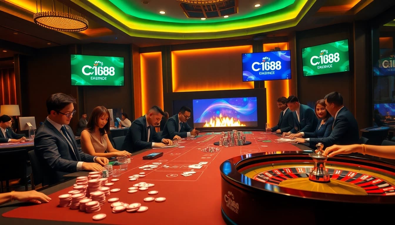 Action-packed casino scene showcasing C168's modern gaming options with vibrant tables and eager players.