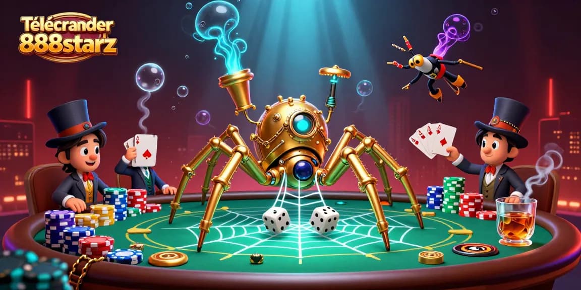 Télécharger 888starz : Plongez dans le monde des paris avec un araignée steampunk et des jetons de poker.