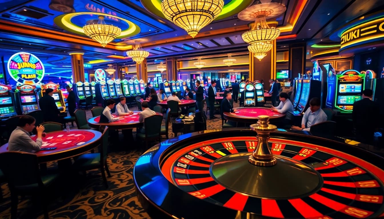 Players enjoying diverse games at jun88 casino, featuring vibrant tables and slot machines.