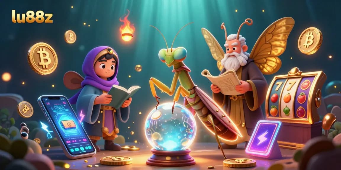 Engage with lu88z's vibrant casino scene featuring unique fortune tellers and slot elements.