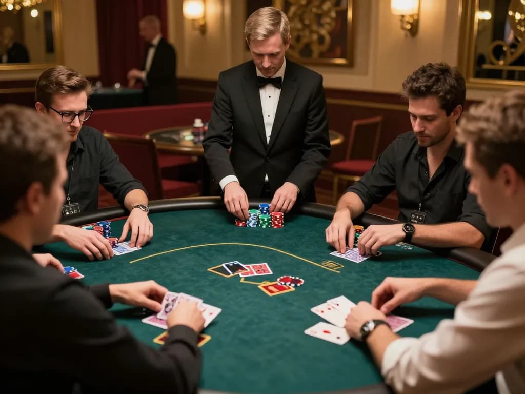 Players engaging in a focused poker game at a luxurious table with sc88 strategy elements visible, capturing the excitement and tension.
