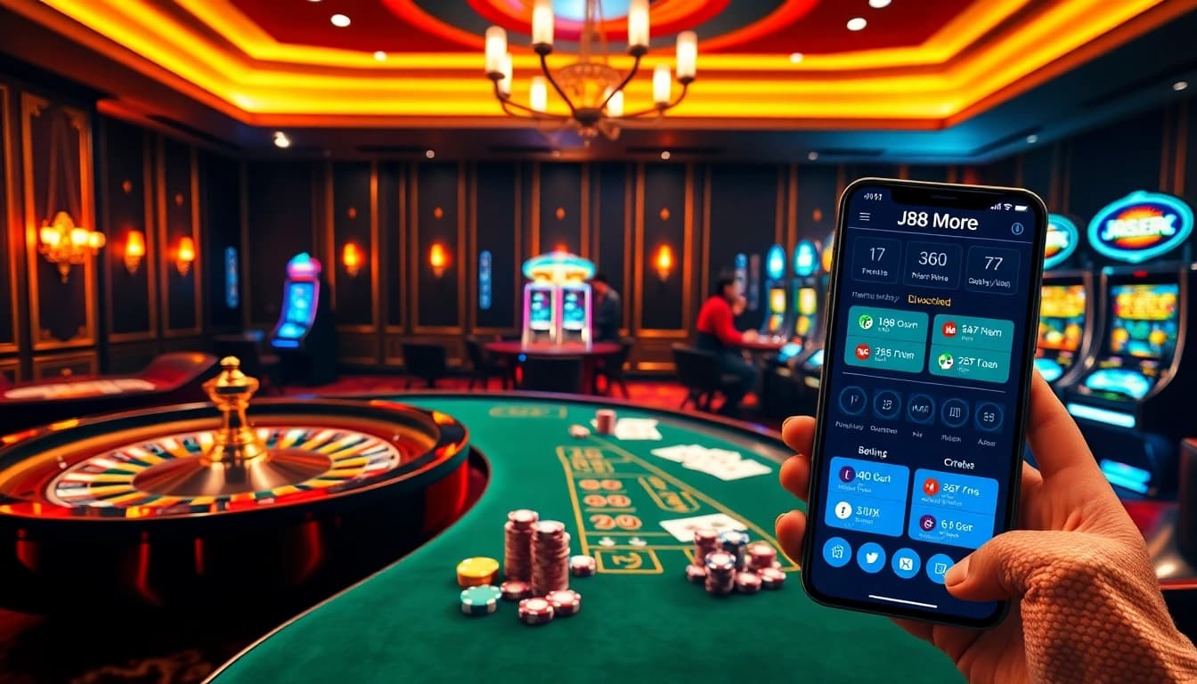 Experience the thrill of J88 as players engage in high-stakes gambling at an upscale casino scene.