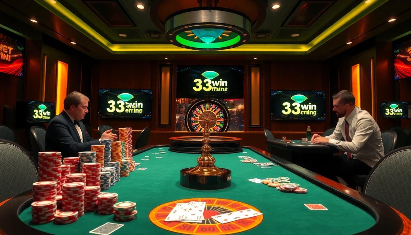 Join the excitement at Nhà cái 33win while playing vibrant casino games at a luxurious table.