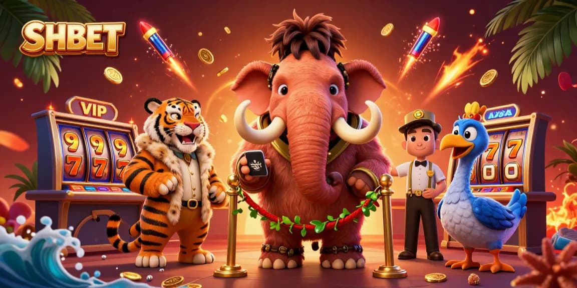 Experience thrilling gaming at SHBET with a playful 3D casino scene filled with vibrant elements.