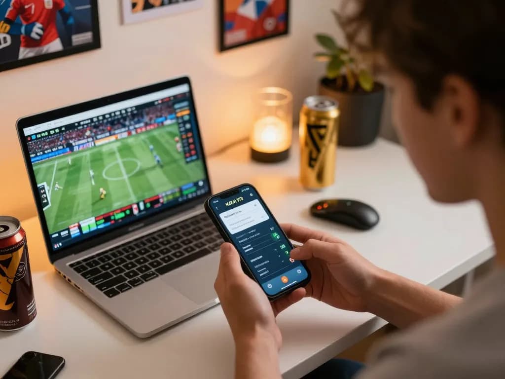 KADAL778 user engaging in online sports betting on smartphone, dynamic betting experience captured comfortably