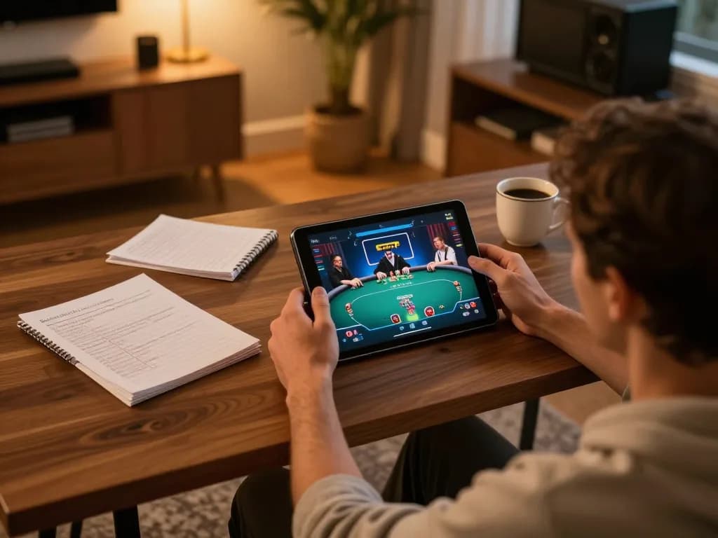 A player engages with shbet com on a tablet at a stylish home office, focused on winning poker strategies.