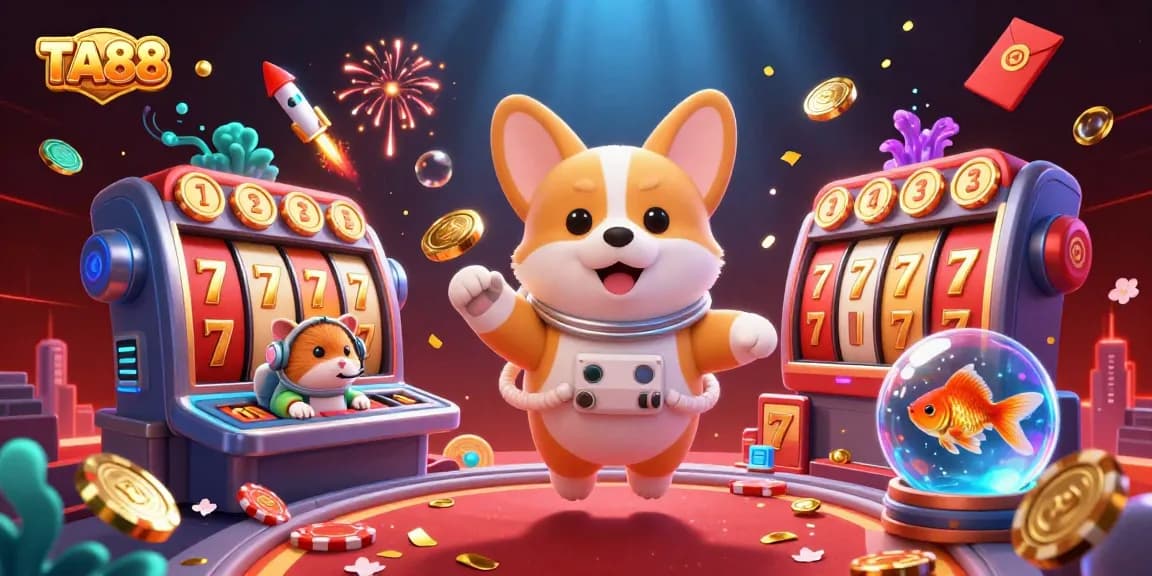 Experience the thrilling casino atmosphere at TA88 with an astronaut corgi among floating slots and golden coins.