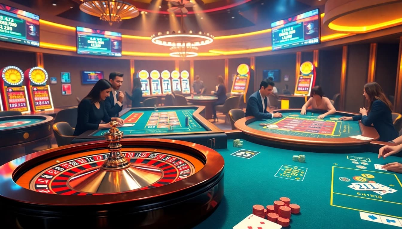 K9K9 players engaged in a vibrant online casino, featuring a roulette wheel and colorful slot machines.