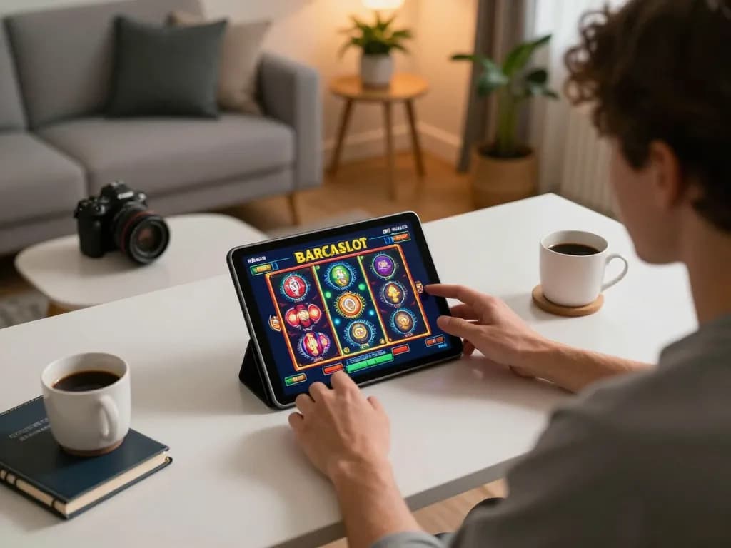 Sesi yang menarik tentang Barcaslot di mana seorang pemain menikmati permainan slot digital di tablet dalam suasana rumah yang nyaman