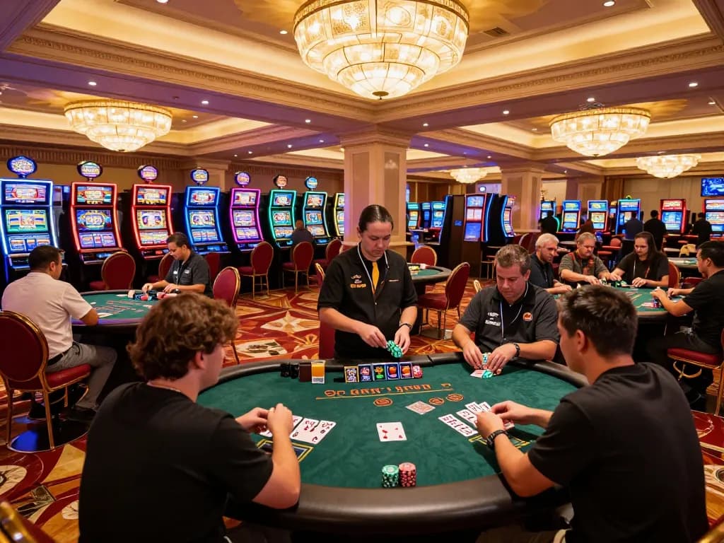 Players strategizing their moves at Sunwin blackjack tables in a luxurious Las Vegas casino.