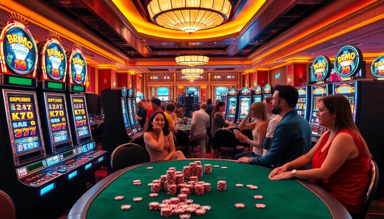 Players enjoying a demo slot game at a luxurious casino setting filled with excitement.