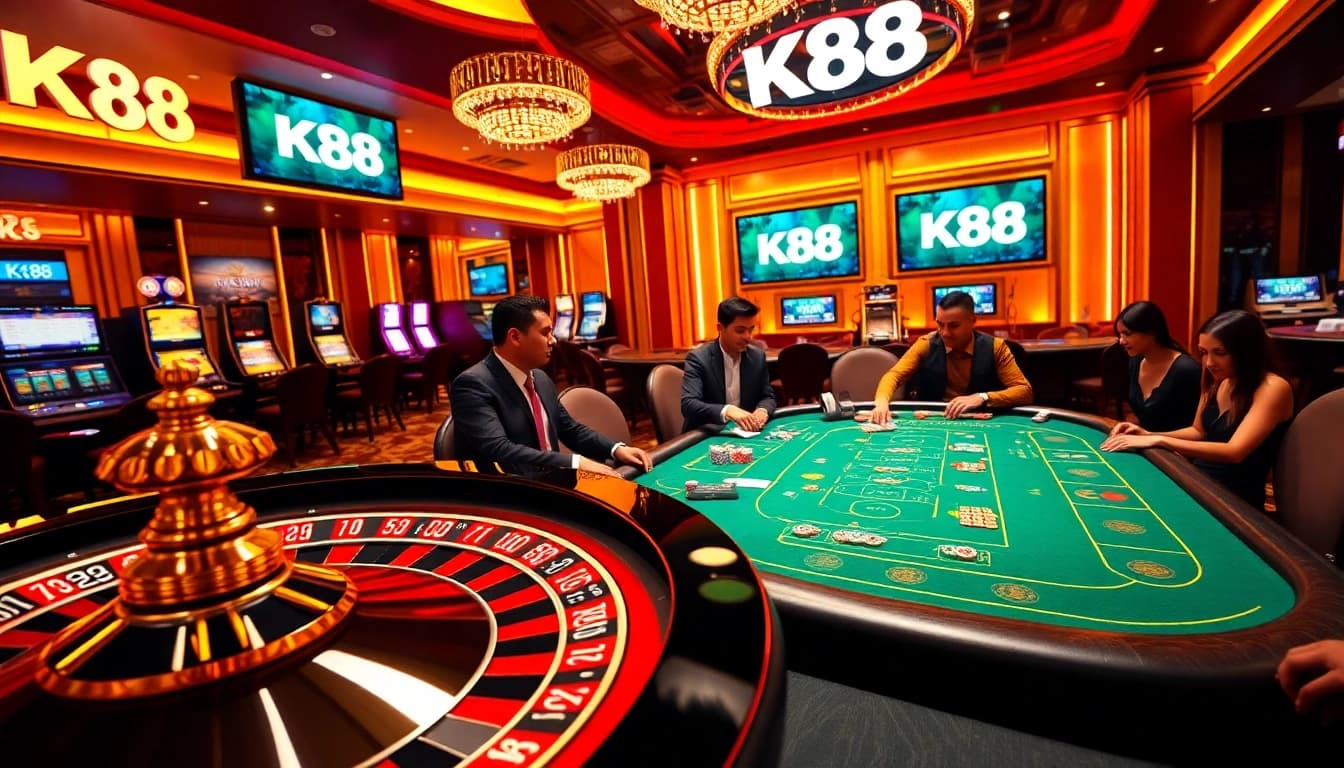 K88 players engaging in a high-stakes poker game in a vibrant casino environment.