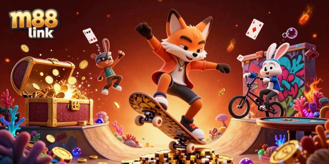 Engage with the thrilling m88 link scene featuring a skateboarder fox and a BMX rabbit in a dynamic casino setting.