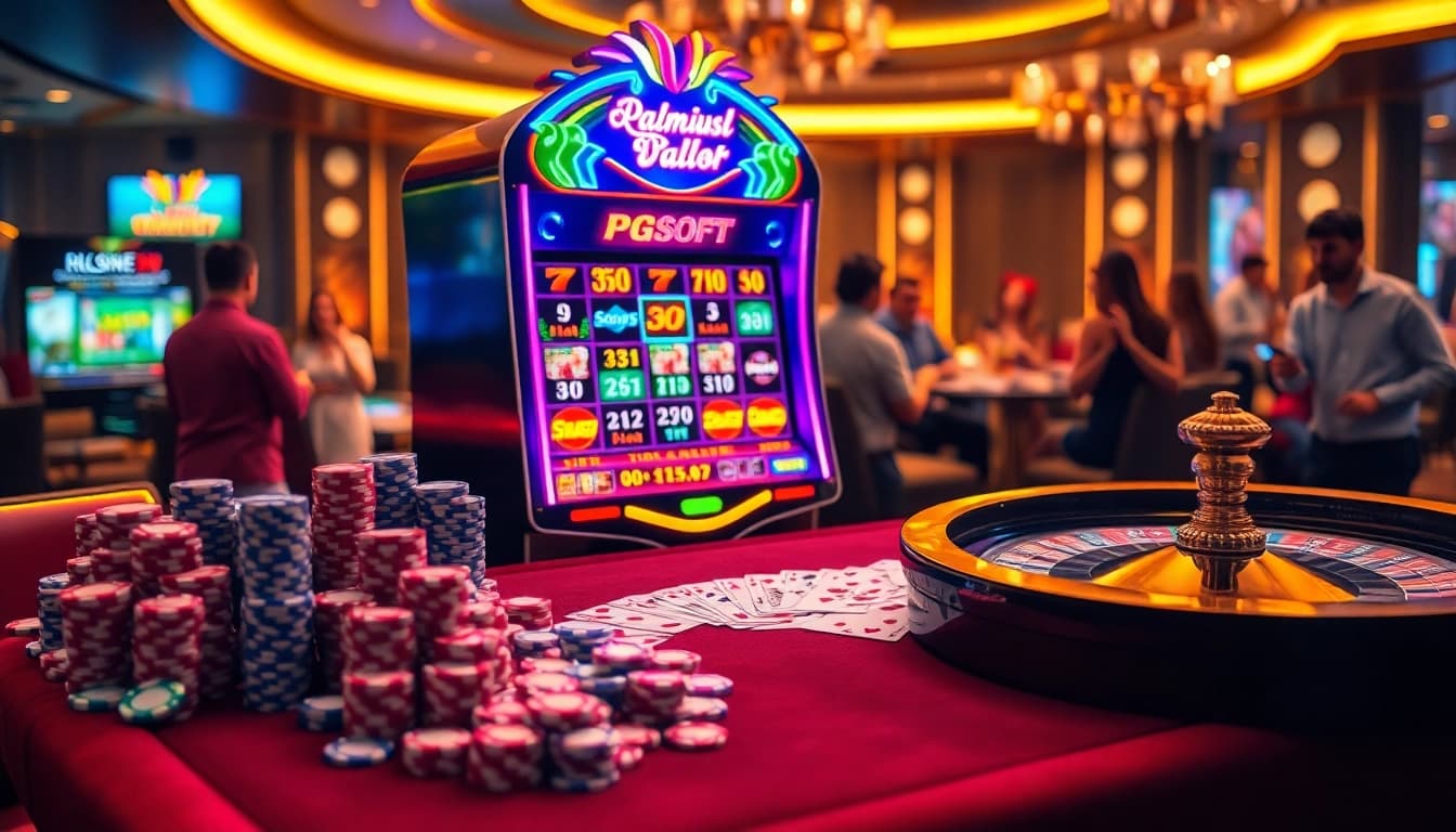 Experience the thrill of PGSoft games at a luxury casino with vibrant slot machines and poker chips.