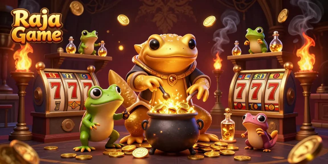 Experience thrilling action in Raja Game's vibrant casino world with gold coins and lively slot machines.