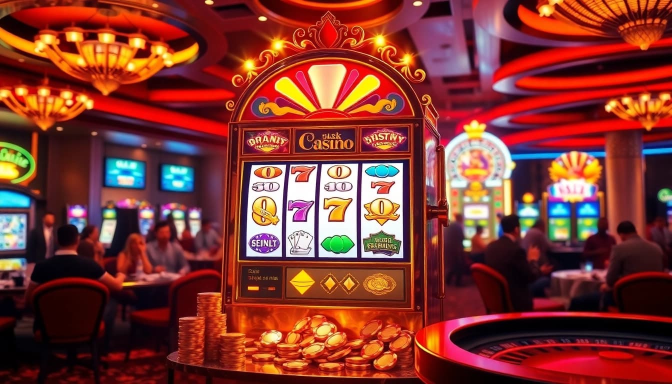 Rasakan kemenangan mendebarkan dengan permainan apk slot di kasino mewah, menampilkan mesin slot yang cerah.