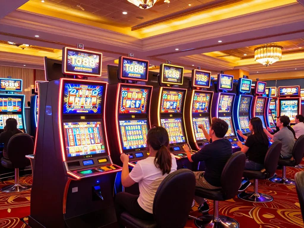 Players enjoying tg88 slot machines amid colorful displays and bright lights in a vibrant casino atmosphere