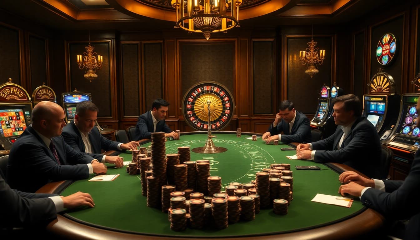 Engaged gamblers examine strategies at a poker table in the hidden wiki casino setting, surrounded by vibrant slot machines.