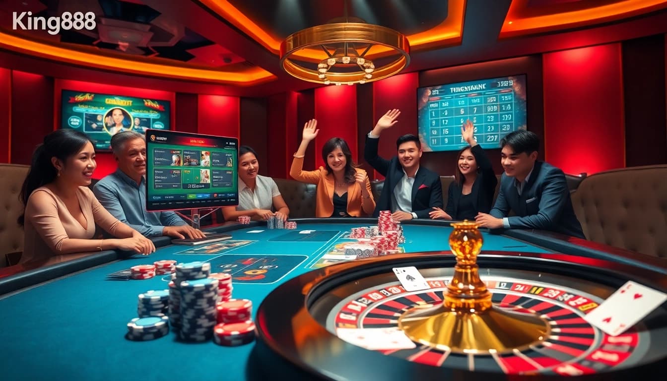 Celebrities enjoying thrilling casino games at King88 with vibrant poker chips and cards.
