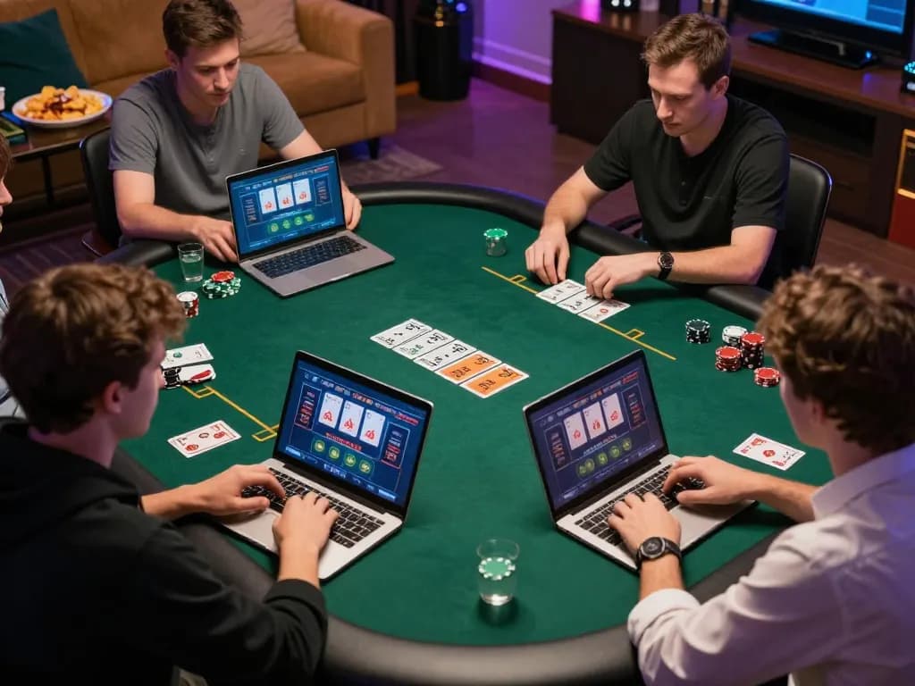 Players experiencing sc88 online poker, engaging with cards and strategy in a cozy home setting.