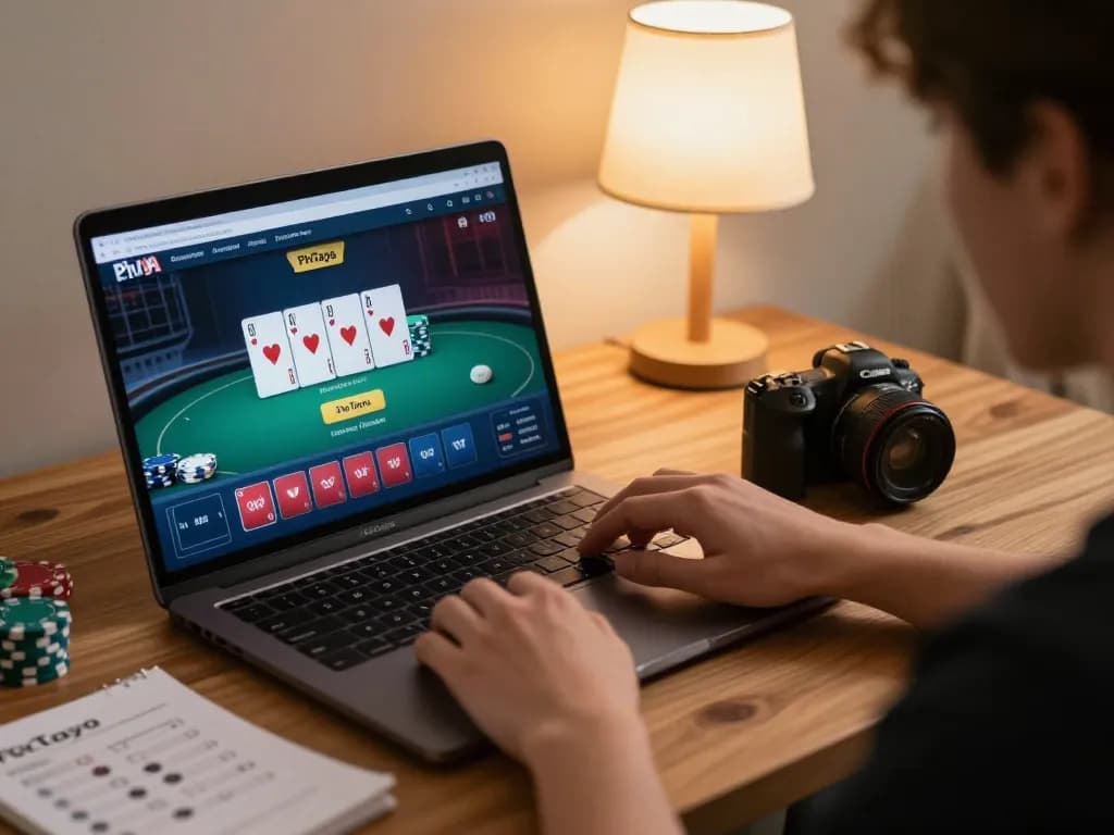 Player explores PhTaya online casino interface while analyzing poker strategy notes in a cozy home setting.