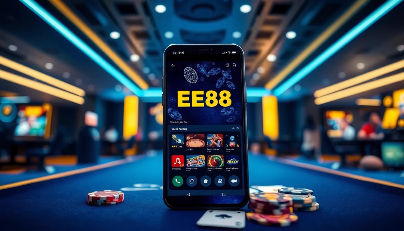 Tải app ee88 on a smartphone screen in a luxurious gaming environment showcasing online betting features.