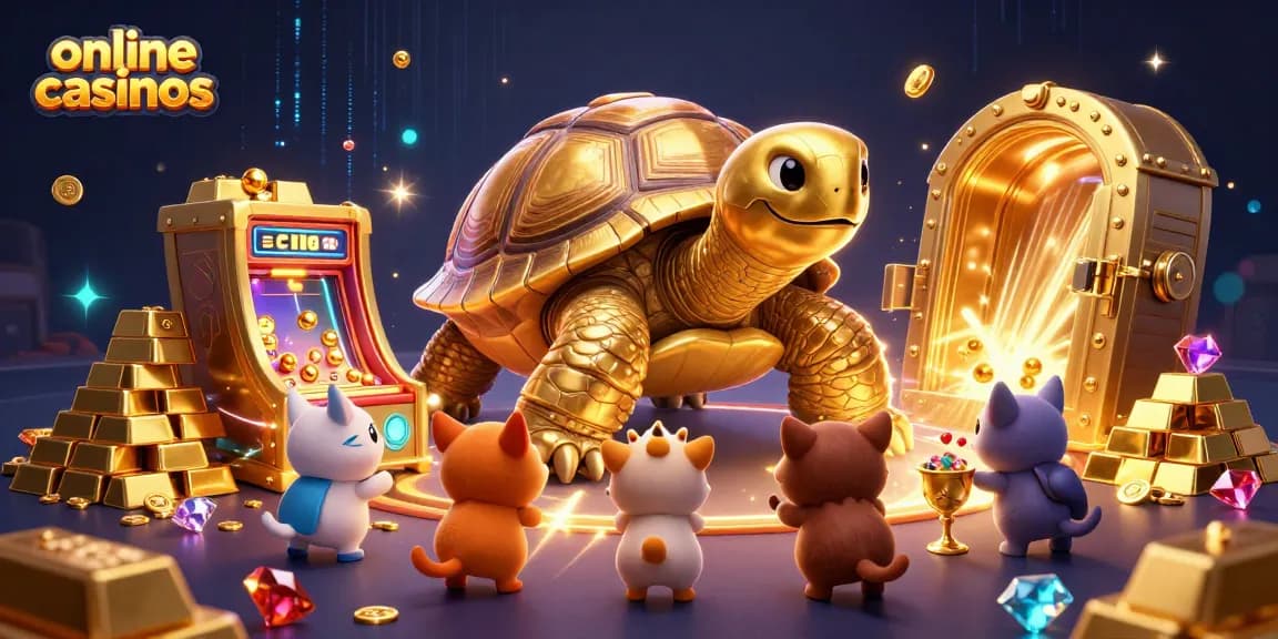 Experience exciting online casinos with a vibrant scene featuring a colossal golden tortoise and treasures.