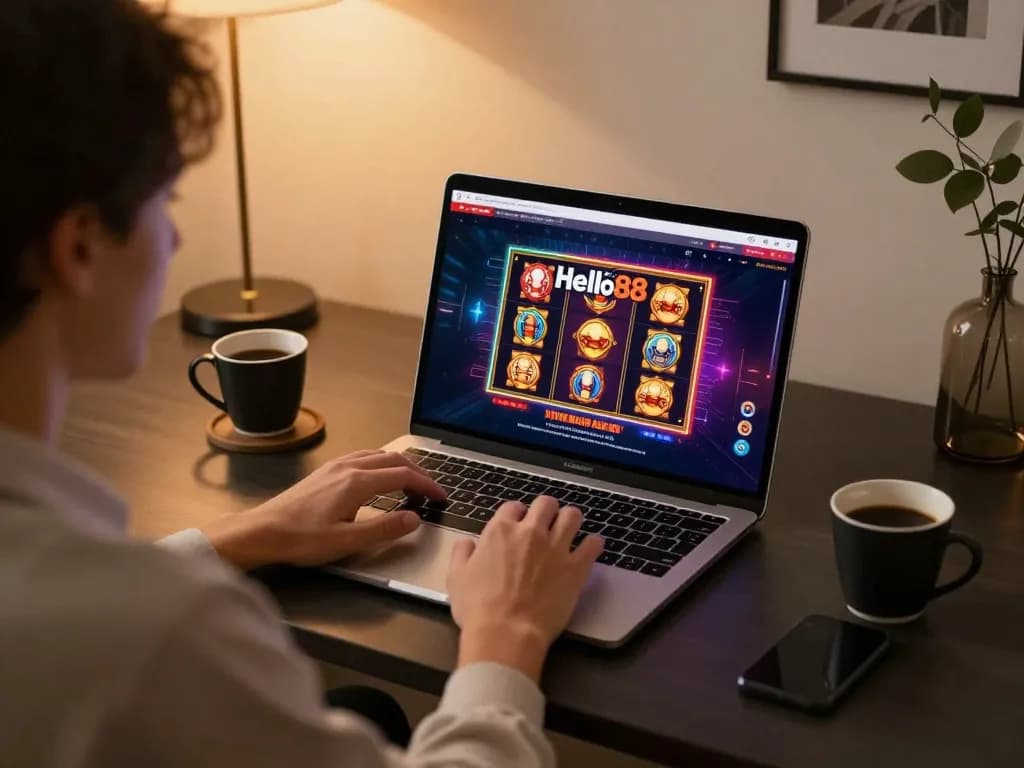 Hello88 players engaging with live dealer interface on a laptop at home, showcasing an inviting gaming atmosphere.