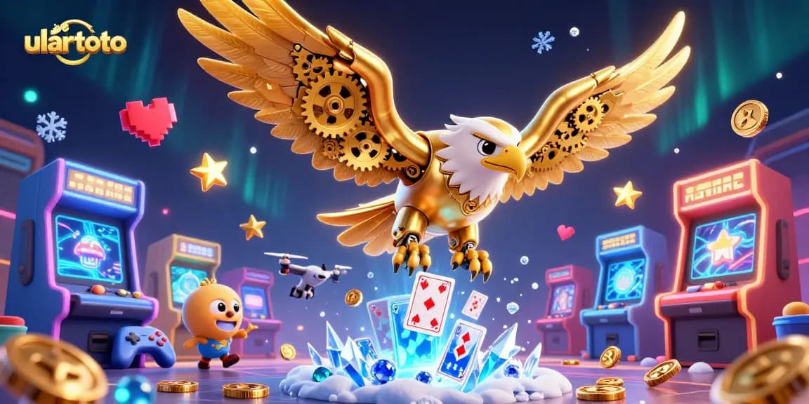 Experience excitement with ulartoto, featuring a cybernetic eagle among dazzling arcade game elements.
