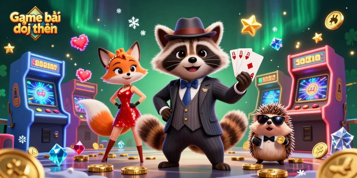 Engage in Game bài đổi thưởng with a charming raccoon holding royal flush amidst colorful gaming elements.