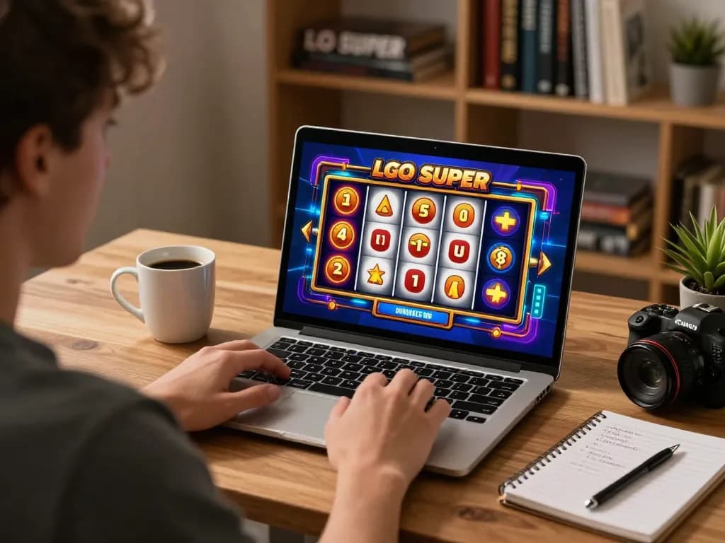 Gaming on LGOSUPER online slot with vibrant graphics at cozy home desk, emphasizing strategic play.