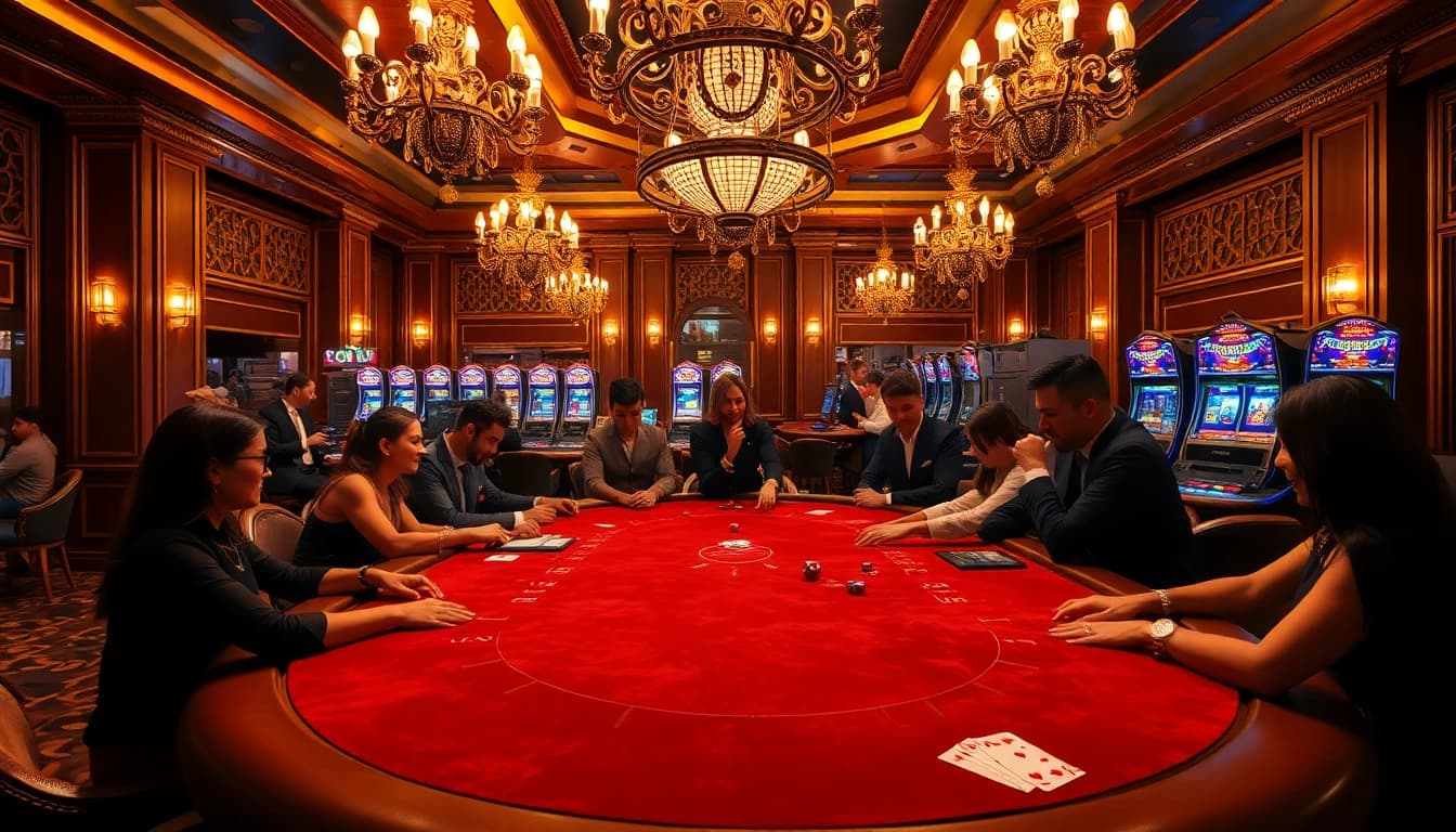 Engaging players at a high-stakes poker table in a luxurious casino showcasing ทางเข้า mk8 online gaming elements.