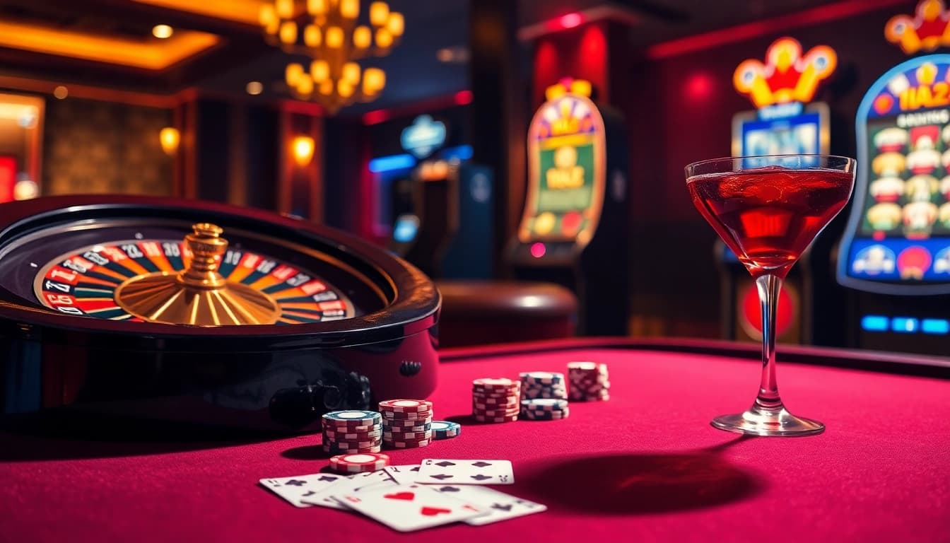Experience excitement at go88 with a vibrant casino scene featuring roulette, poker chips, and slot machines.