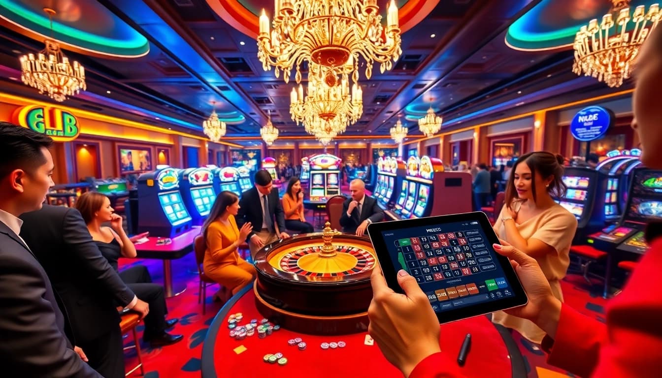 NK88 players engaging at a glamorous casino table with chips and cards, celebrating the thrill of winning.